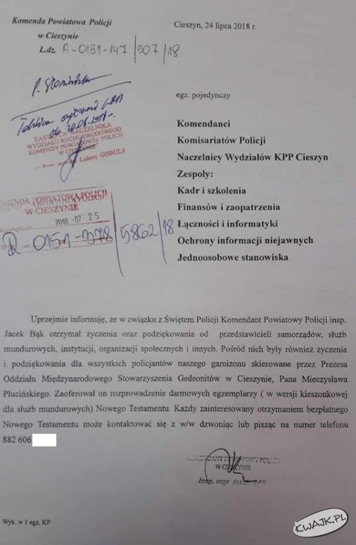 Pismo do przełożonych w komendzie policji w Cieszynie