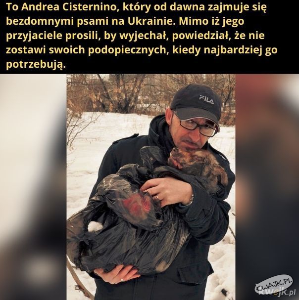 Ukraina. Mężczyzna nie opuszcza bezdomnych psów nawet w czasie wojny z Rosją